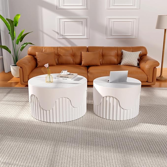 Round Nesting Coffee Table Set of 2, Round Fluted Coffee Tables for Living Room Modern Nesting End Side Tables for Small Spaces (E White)