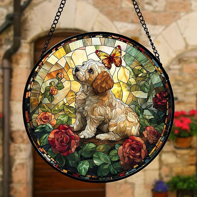 Stained Glass Window Hanging, Cute Dog and Flowers Suncatcher for Doors Home Butterfly Sun Catchers Decoration and Christmas, Mother's Day Birthday Gifts for Women, Men, and Mom 7.8 in