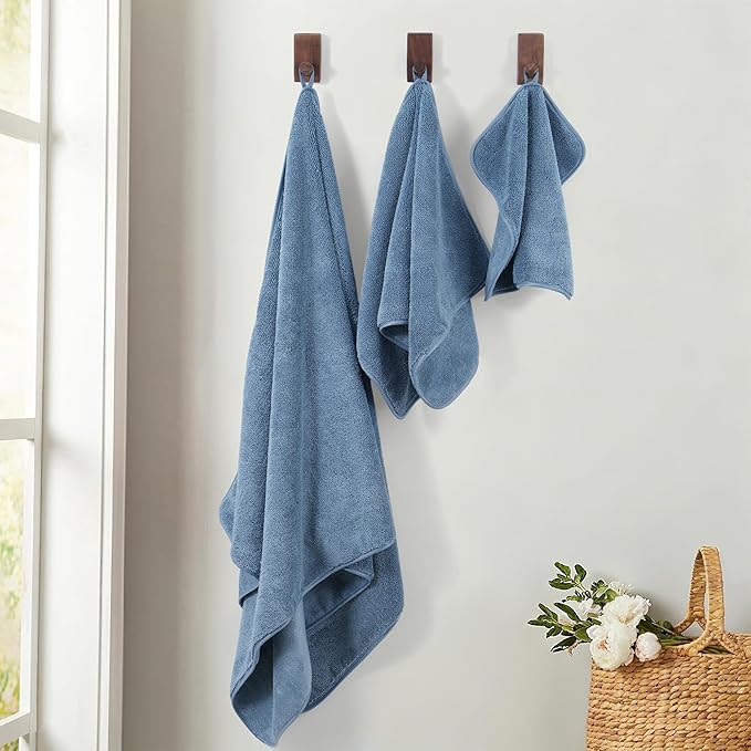 Ring Spun Terry Microfiber Bath Towel Set, 3 Piece, Oversize, Quick Dry, Lint Free, Includes Bath, face, and Hand Towels (Blue)