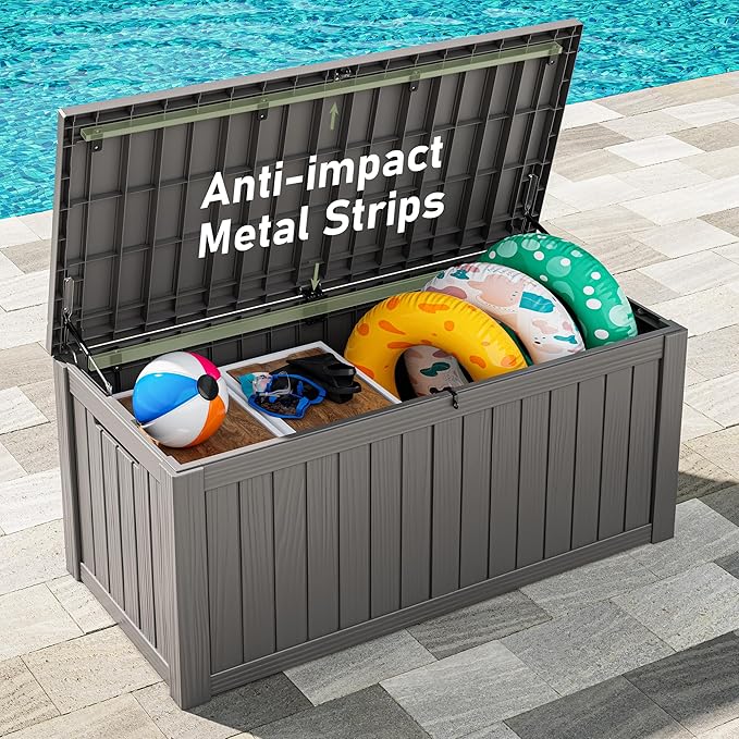 Deck Box, 120 Gallon Outdoor Storage Box Lockable Patio Waterproof for Furniture, Garden Tools, Sports Equipment and Pool Supplies, Waterproof, Resin, Lockable