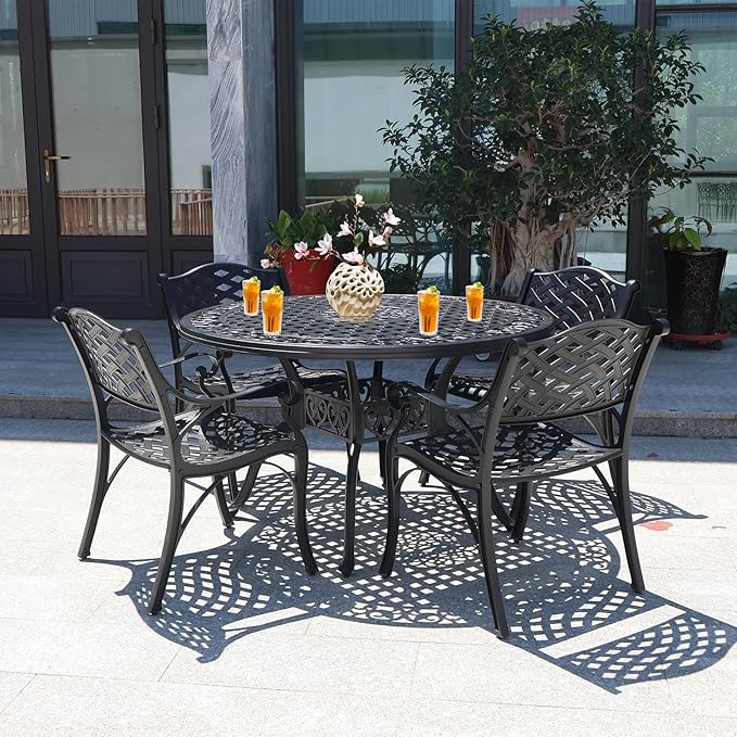 Cast Aluminum Patio Table,48" Round Patio Dining Table for 4-6 Person with Umbrella Hole,Metal Patio Table Outdoor Round Bistro Dining Table for Garden,Yard,Black