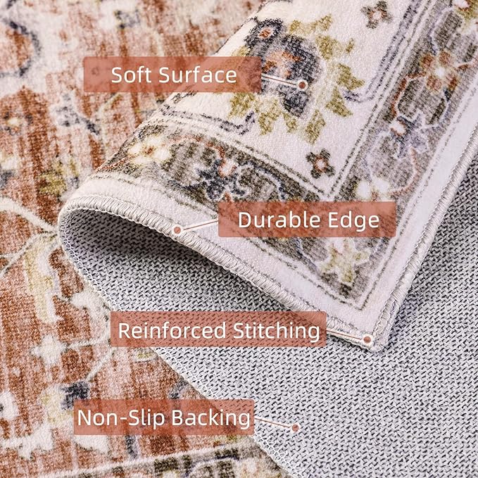 8x10 Rugs for Bedroom, Vintage Washable Rugs Non Slip Large Area Rug for Living Room Dining Room Office, Floor Decoration Big Carpet Low-Pile Kid & Pet Friendly(Border Brick Red)