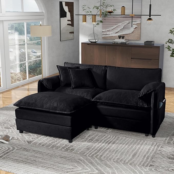 Loveseat Deep Seat Sectional Sofa Cloud Couch, Modern Chenille Comfy Upholstered Modular L Shaped Couch for Living Room, Apartment, Office (Black, 75.59 Inch-L Shape)