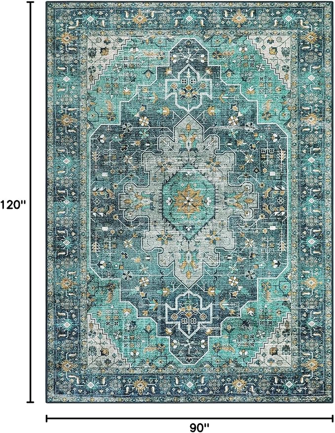 Moynesa Ultra-Thin Vintage Area Rug - 8x10 Teal Bedroom Rug for Living Room Non-Shedding Stain Resistant Playroom Mat, Indoor Printed Boho Floor Carpet for Dining Table Office Decor