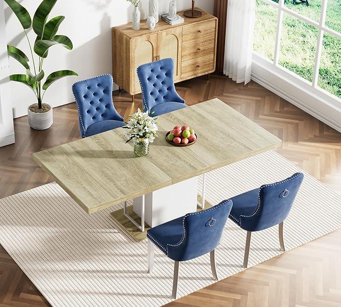 Goujxcy 78.7" Farmhouse Extendable Dining Room Table Set for 4, 5-Piece Rectangle Kitchen Dining Room Table Set with Wood Base and 4 Blue Velvet Dining Chairs, Transformer Kitchen & Dining Table Set