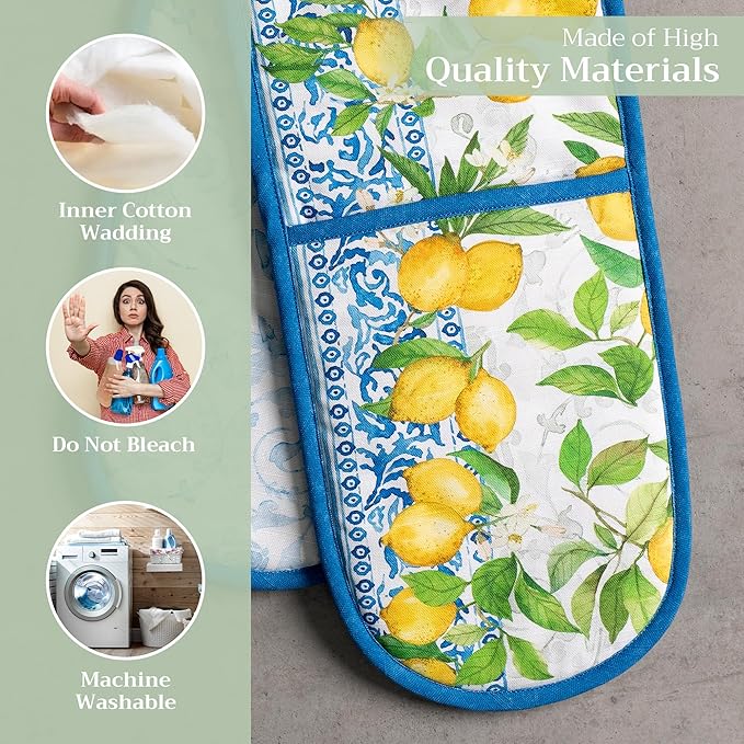 Maison d' Hermine Double Oven Mitts 100% Cotton 7"x35" Double Oven Mitt Heat Resistant BBQ Cooking Gloves with Loop, Baking, Grilling, Home, Kitchen, Handling Hot Pans Spring Summer (Cedrat)