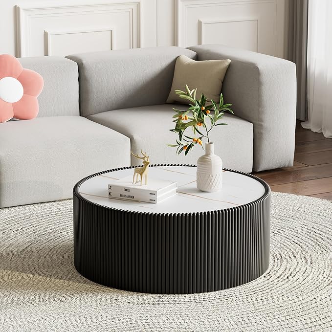 Black Round Coffee Table with Sintered Stone Tabletop, 29.52" Drum Coffee Table with Fluted PU Leather Covered and Stable Base, Circle Cocktail Tea Table for Living Room