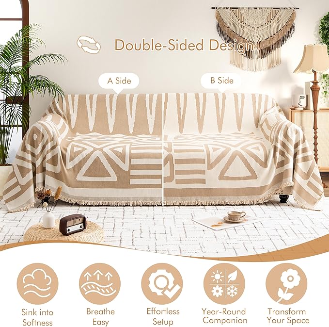 Couch Cover for 2-3 Cushion Couch Sofa Pet Friendly, Boho Sectional L Shaped Sofa Cover Washable for Dogs Cats Kids, Leather Furniture Protector Slipcover Decor for Living Room, 71"x118"