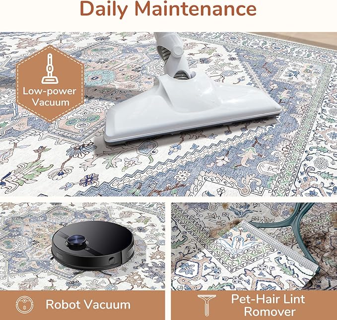 OPPODREAM Thin Area Rugs 4x6, Low-Pile Washable Rugs 4x6 with Non Slip Backing, Faux Cashmere 4 x 6 Throw Carpet, Purple & Green & Cream