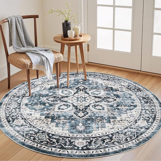 AMADA HOMEFURNISHING 4ft Round Area Rug, Low-Profile Washable 4x4 Rugs with Non-Slip Backing & Durable Edge Binding, Vintage Rug for Kitchen, Bedroom & Hallway, Blue