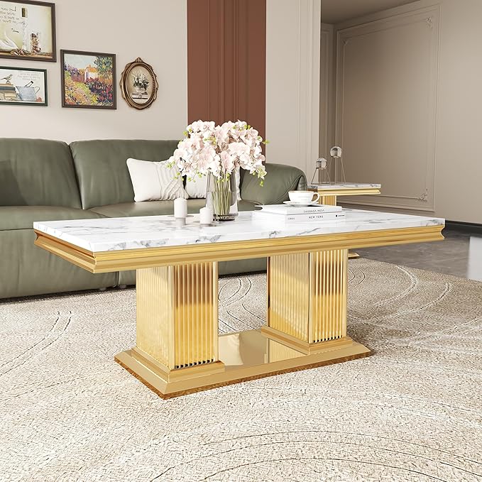 47" Marble Coffee Table, Modern White Center Table with Golden Pillar Stainless Steel Base, Rectangle Faux Marble Coffee Table for Living Room, Office