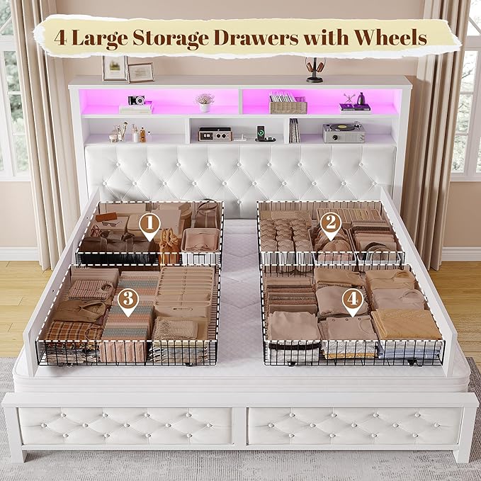 EnHomee King Size Bed Frame with 4 Drawers and Upholstered Storage Headboard,Wooden King Bed Frame with Charging Station and LED Lights,NO Noise,No Box Spring Needed,Beige