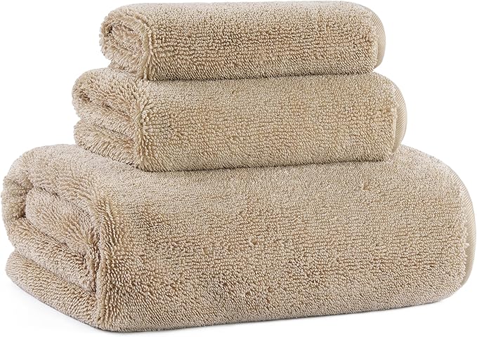 Ring Spun Terry Microfiber Bath Towel Set, 3 Piece, Oversize, Quick Dry, Lint Free, Includes Bath, face, and Hand Towels (Beige)