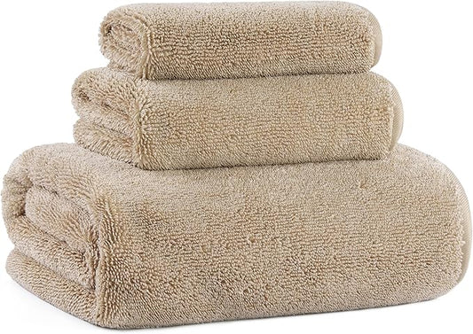 Ring Spun Terry Microfiber Bath Towel Set, 3 Piece, Oversize, Quick Dry, Lint Free, Includes Bath, face, and Hand Towels (Beige)