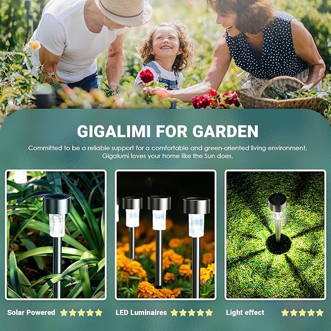 GIGALUMI 16 Pack Solar Lights Outdoor Waterproof,Stainless Steel LED Solar Garden Lights for Patio, Lawn, Yard and Landscape(Cold White)