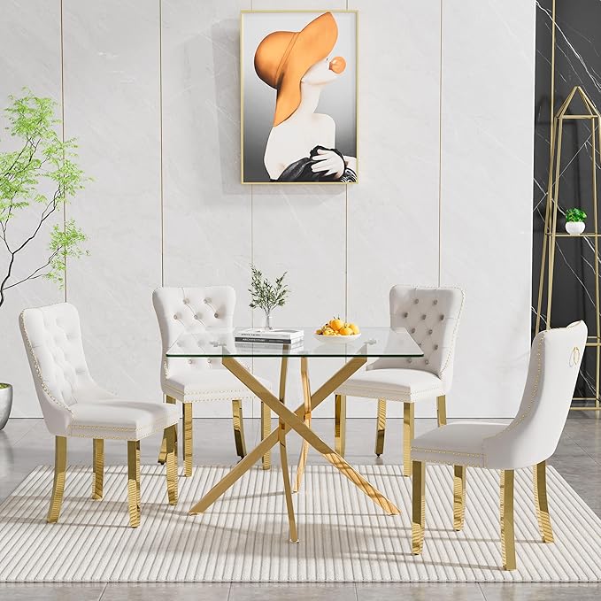 Goujxcy Glass Dining Table Set for 4, Modern Kitchen Table and Chairs Set of 4, 5-Piece Kitchen Dining Room Table Set w/36 Square Gold Glass Dining Table and 4 Beige Velvet Upholstered Chairs