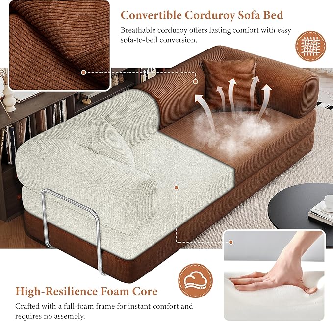 Boneless Couch Sectional Sofa,Convertible Sofa Bed with Sleeper Sofa,Futon Floor Couch Folding Sofas for Living Room,Bedroom,Apartment (Orange, 78.8''W)