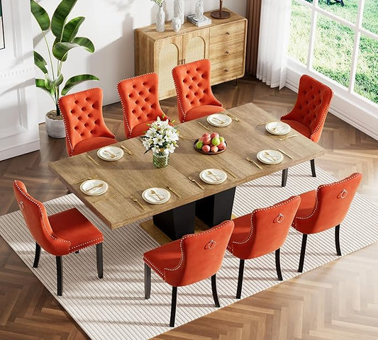 Goujxcy 9-Piece Extendable Dining Table Set for 6-8 People 63-78 Inch Kitchen Table Set with 8 Velvet Upholstered Chairs Farmhouse Rectangular Dining Room Table Set for Kitchen Dining Room Apartment