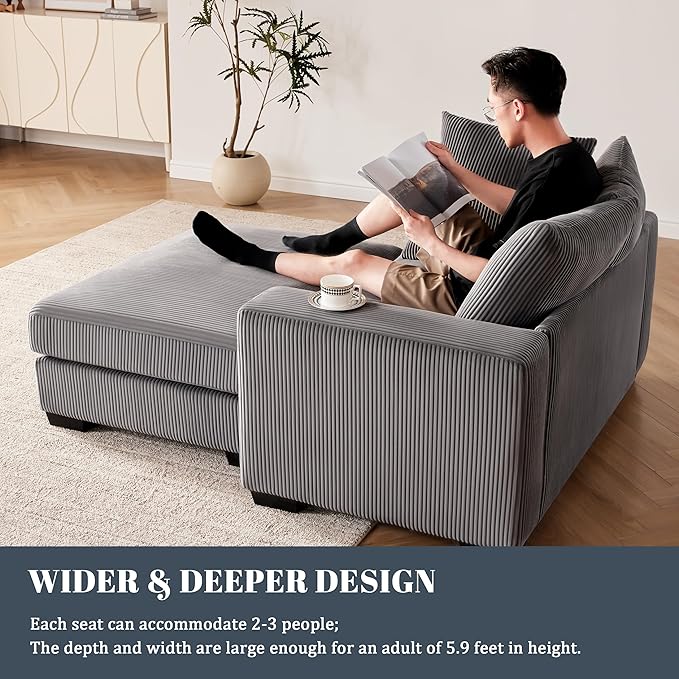 101.6" Deep Seat Modular Sectional Sofa, Thickened Corduroy Sectional Couches for Living Room, Comfy L-Shaped Upholstered Cloud Couch with Chaise, Widened Armrests for 4 People, Dark Grey