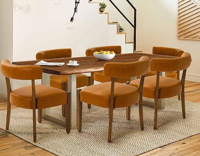 Faux Leather Dining Chairs Set of 6 Upholstered Kitchen & Dining Room Wooden Chairs Mid Century Modern Dining Chairs Low Back, Brown