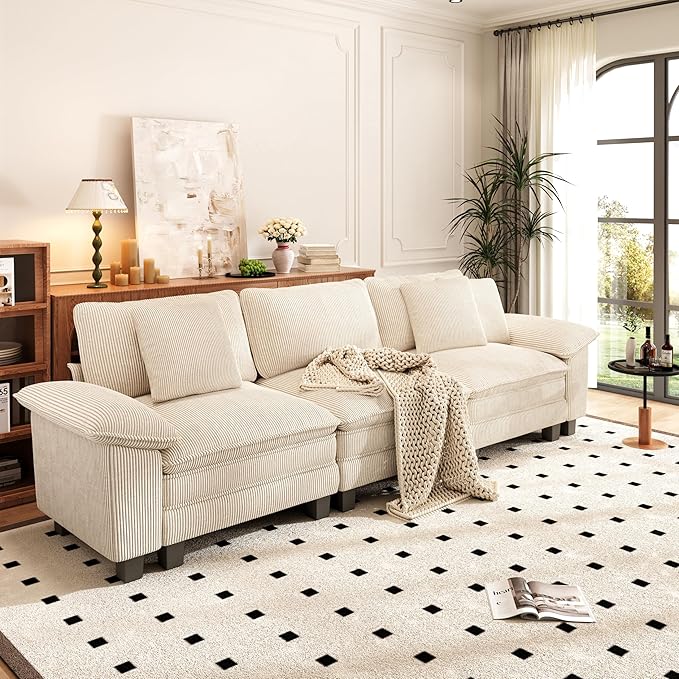 PHI VILLA Modern Modular Couches Sets, 123.6" Cloud Sectional Sofa with Upholstered Deep Seat, 3-Seater Couch for Living Room Small Spaces, Corduroy Fabric, Beige