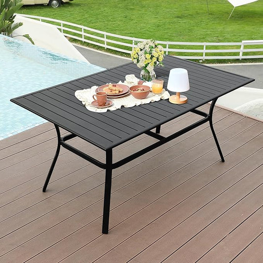 LVUYOYO Outdoor Patio Dining Table, Metal Rectangular Table with Umbrella Hole, All-Weather Furniture for Backyard, Garden,Balcony,Porch (Black)