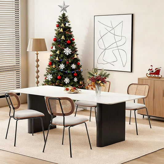 Rattan Dining Chairs Set of 4, Mid Century Modern Dining Chairs with Cane Back for Kitchen Dining Room, 19 Inch Fabric Beige