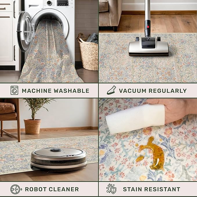 Washable Bathroom Runner Rug 2x6 - Long Runner Rugs for Laundry Room, Bedroom, 24 x 72 Kitchen Floor Mat - Non Slip Vintage Design Décor, Beige Blue