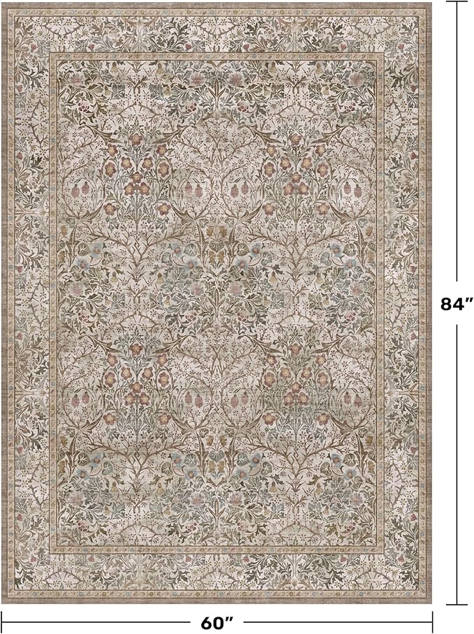 5x7 Washable Moss Green Oriental Area Rug for Living Room - Dining Room Rugs for Under Table, Home Office, Low Pile Non-Slip Floor Carpet for Bedroom - Vintage Brown Design & Stain Resistance