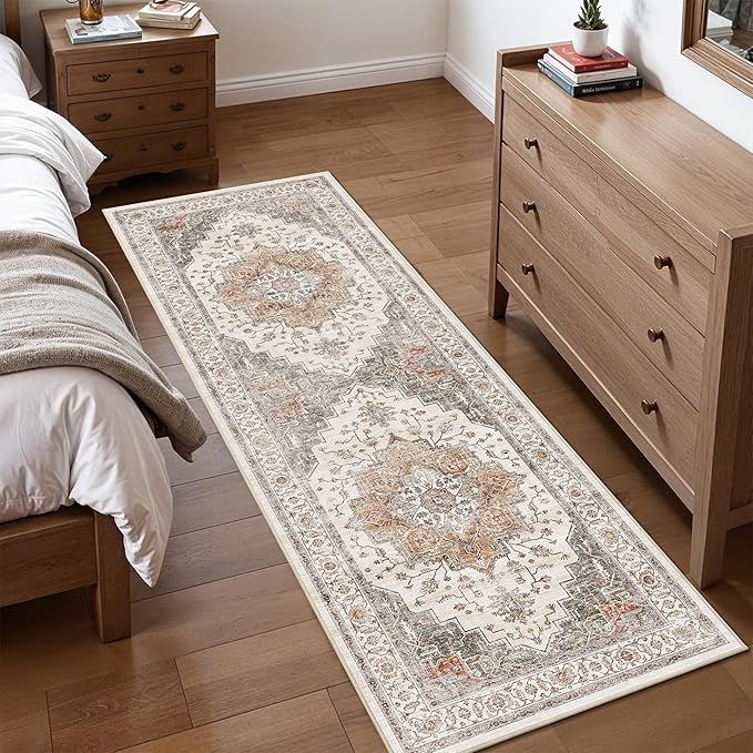 2x6 Vintage Runner Rug Low Pile Runners Non-Slip Machine Washable Rug Retro Distressed Print Lightweight Carpet for Hallway Kitchen Living Room Bedroom Laundry Room