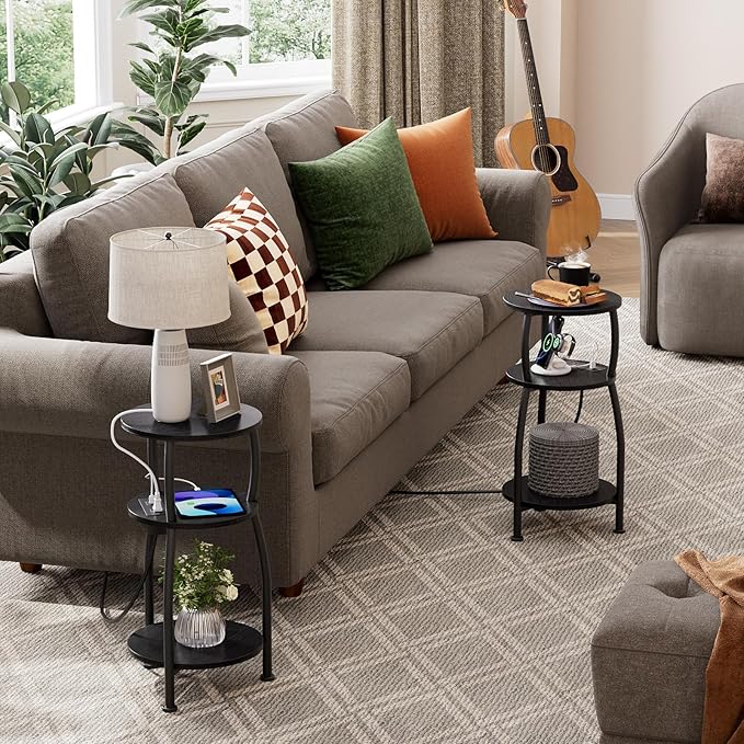 Round Side Table with Power Outlet & USB Ports, 3-Tier End Table with Storage Shelf, Modern Rustic Nightstand, Small Spaces Accent Table for Living Room Bedroom, Easy Assembly, Black