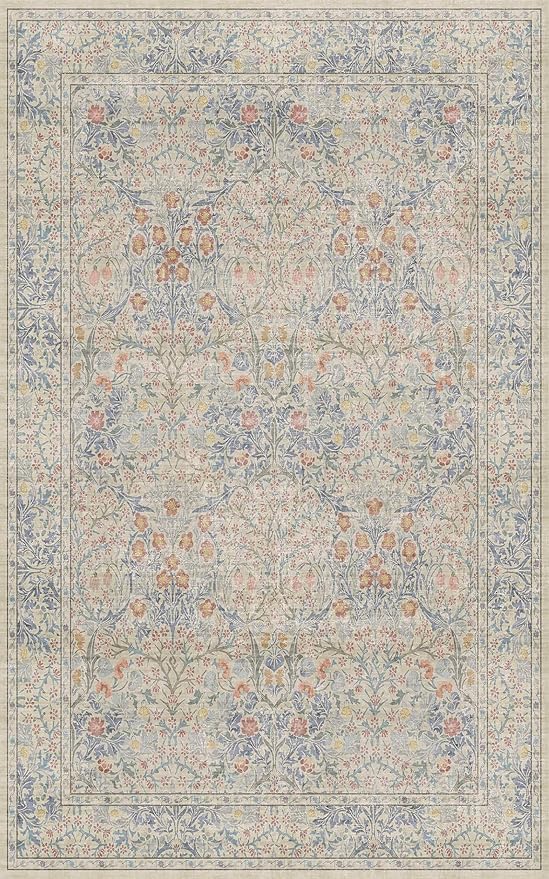Washable Beige Blue 5x8 Area Rug for Large Entryway, Living Room, Kids Room, Boy Nursery Room, Bedroom Rug - Vintage Oriental Low Pile Non Slip & Stain Resistance (5x8 Beige Blue)