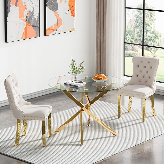 36" Round Dining Table for 4, Glass Kitchen & Dining Room Tables, Modern Circle Dining Room Table w/Tempered Glass Tabletop Gold Finish Metal Legs for Dinner Small Spaces