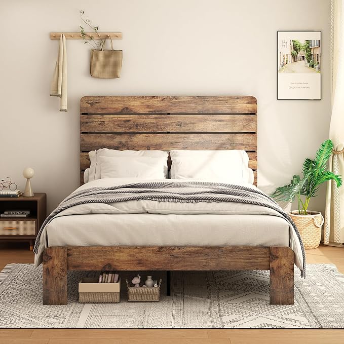 Full Size Bed Frame with Wooden Headboard and Footboard, Rustic Platform Bedframe, Wood Slats Support, No Box Spring Needed, Under Bed Storage, Easy Assembly, Brown