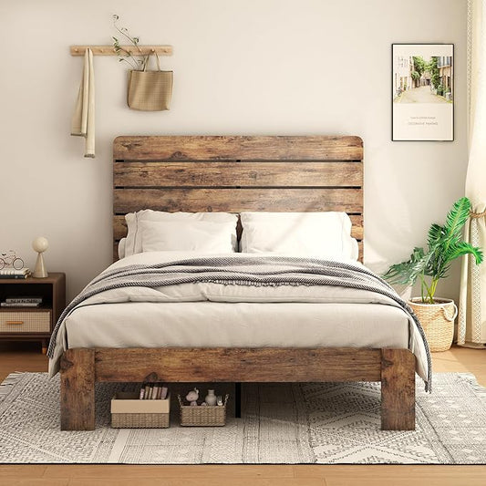Full Size Bed Frame with Wooden Headboard and Footboard, Rustic Platform Bedframe, Wood Slats Support, No Box Spring Needed, Under Bed Storage, Easy Assembly, Brown