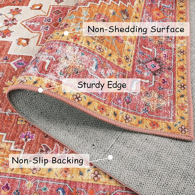 Moynesa Ultra-Thin Washable 10x14 Area Rugs for Bedroom, Pink Large Living Room Rug Non Slip, Medallion Oriental Indoor Floor Carpet for Dining Room Table Dorm Home Office Decor