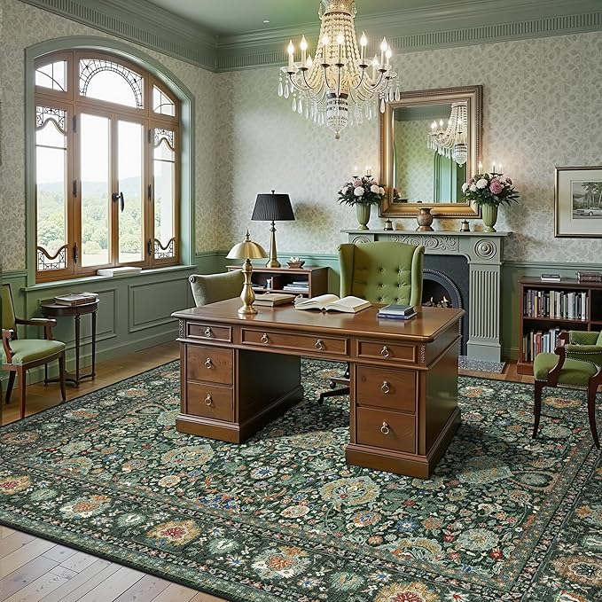 9x12 Rugs for Bedroom, Vintage Washable Rugs Non Slip Large Area Rug for Living Room Dining Room Office, Floor Decoration Big Rug Carpet Low-Pile Kid & Pet Friendly(Dark Green