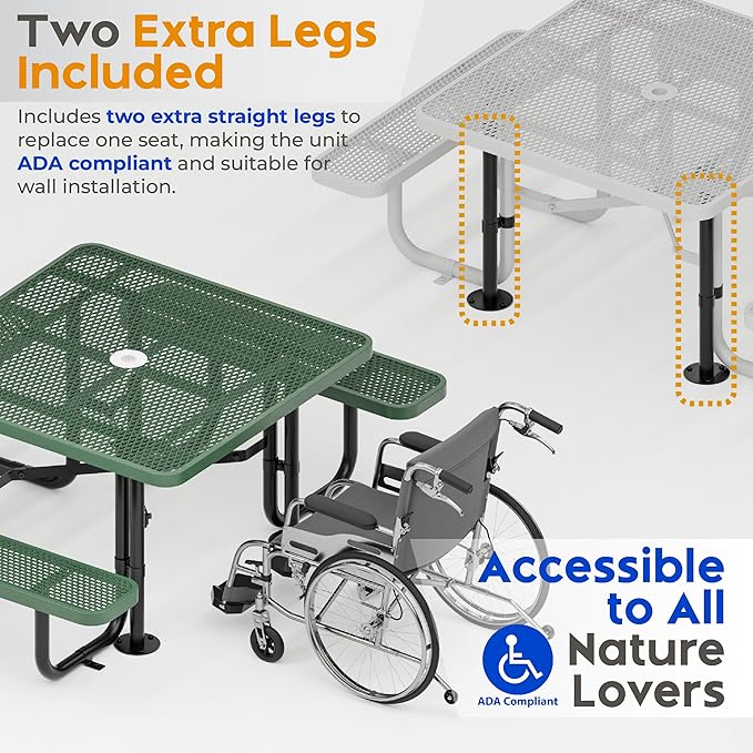 Metal Picnic Tables for Outdoors with Umbrella Hole - Coated Steel Heavy Duty Commercial Grade Furniture with Adjustable Seats (Green, 46 in, Square, Expanded Steel)