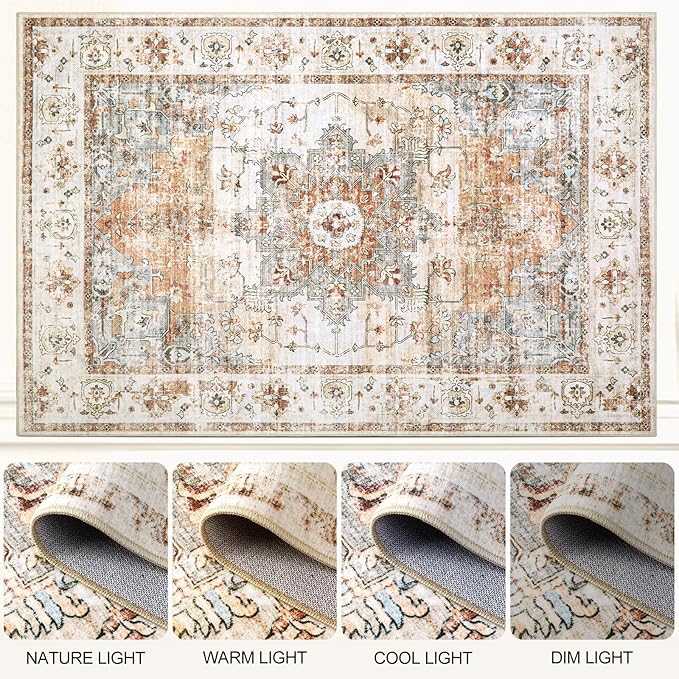 Area Rugs for Living Room 10x14 - Extra Large Machine Washable Vintage Oriental Soft Rug, Low Pile Thin Carpet with Non Slip Backing for Bedroom, Dorm, Dining Room, Indoor House, Office