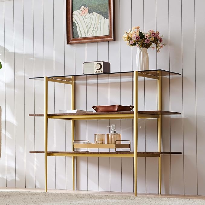 Glass Console Table for Living Room, Foyer & Entryway, L41 x W14 x H31 Inch, 3-Tier Mid-Century Modern Sofa Table with Amber Glass Top, Walnut Finish Wood Shelf and Gold Finish Frame