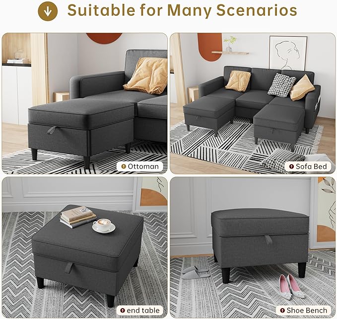 25 inch Square Storage Ottoman for Modular Sectional Sofa, Oversized Bench Ottoman Coffee Table Foot Stool, Convertible Sectional Couch for Living Room, Dark Grey
