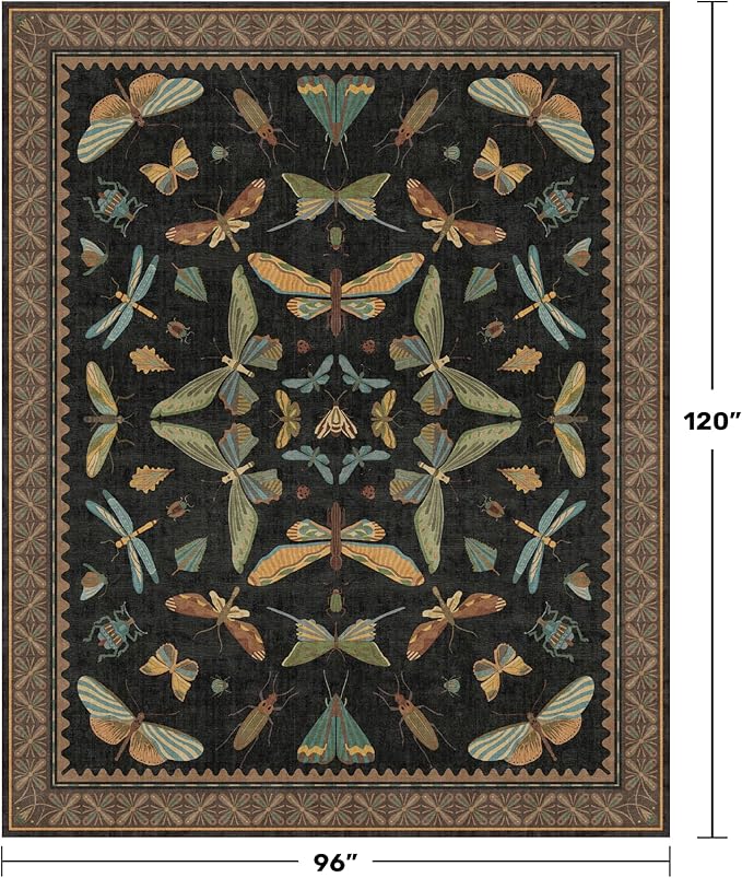 Black Washable Insect Area Rugs 8x10 for Living Room, Bedroom, Dining Room Under Table, Playroom, Large Dark Whimscal Boho Indoor Rug, Ultra Soft Low Pile Non Slip