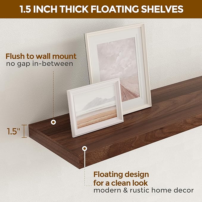 40 Inch Floating Shelves for Wall, 9.3 Inch Deep Shelves for Books & Decor, Wall-Mounted Floating Shelf 40 Inch Long Set of 2, Rustic Wooden Shelf for Living Room, Bedroom, Kitchen, Walnut