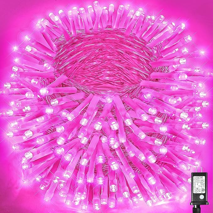 800 LED Pink Christmas Lights Outdoor 262FT Pink String Lights 8 Modes Clear Wire, Plug in Waterproof Twinkle Fairy Lights for Bedroom Indoor Wedding Christmas Party Decorations