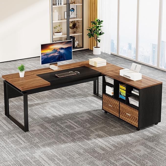 Tribesigns L-Shaped Executive Desk with Reversible File Cabinet, 63" Office Desk with Storage Drawers, L-Shaped Computer Desk with Drawer Cabinet for Hanging Letter Size Files (Walnut & Black)