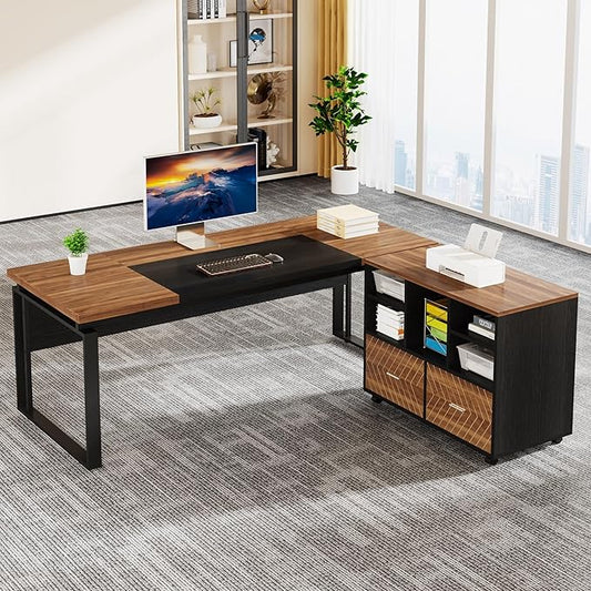 Tribesigns L-Shaped Executive Desk with Reversible File Cabinet, 63" Office Desk with Storage Drawers, L-Shaped Computer Desk with Drawer Cabinet for Hanging Letter Size Files (Walnut & Black)
