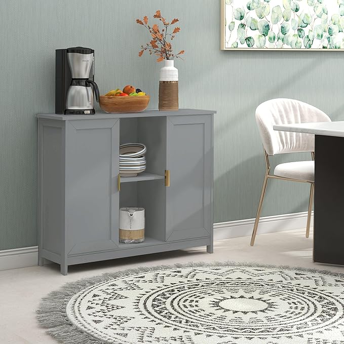 TaoHFE Grey Kitchen Pantry, Modern Wooden Small Credenza Sideboard Coffee Station, Storage Small Cabinet with Doors and Shelves for Kitchen