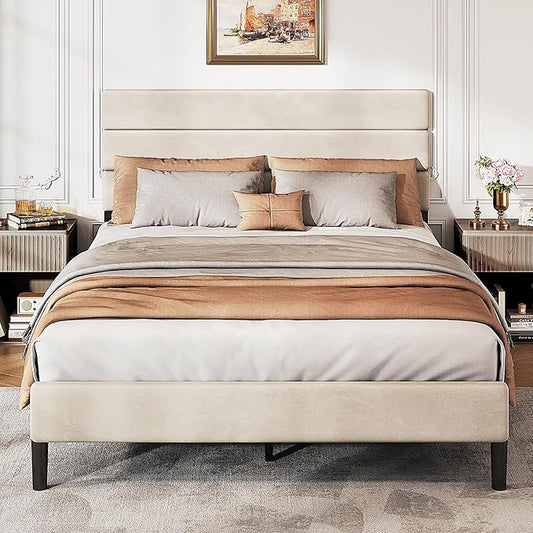 WLIVE Full Size Upholstered Bed Frame, Velvet Square Tufted Headboard,Sturdy Metal & Wooden Slats Support, No Box Spring Needed, Light Grey