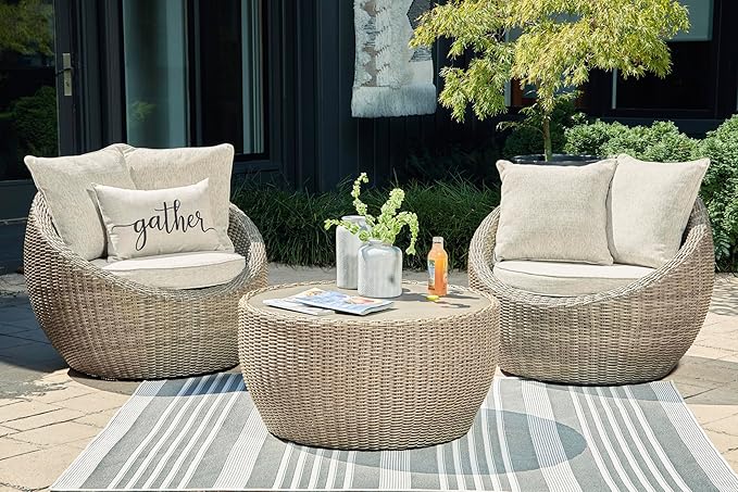 Signature Design by Ashley Danson Outdoor Lounge Chair with Cushion and 360-Degree Swivel, Set of 2, UV-Resistant Performance Fabric and Resin Wicker, Light Brown