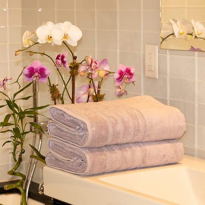 Mosobam Luxury Turkish 14pc XL Deluxe Bath Bundle Body Hand Face Towel and Mat Lavender Aura 700 GSM & 1000 GSM Bamboo Viscose & Aegean Turkish Combed Cotton